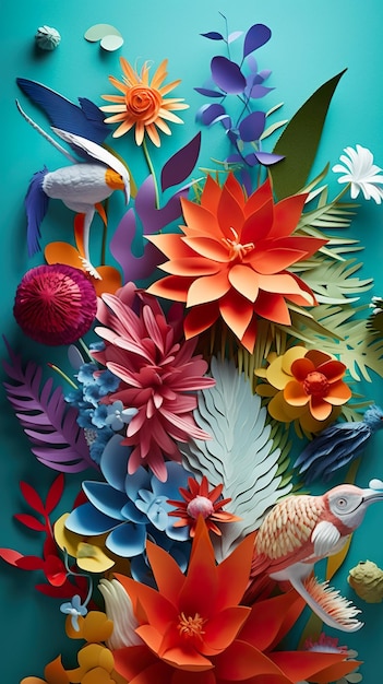 Colorful paper flowers and fish on a blue background Generative AI image