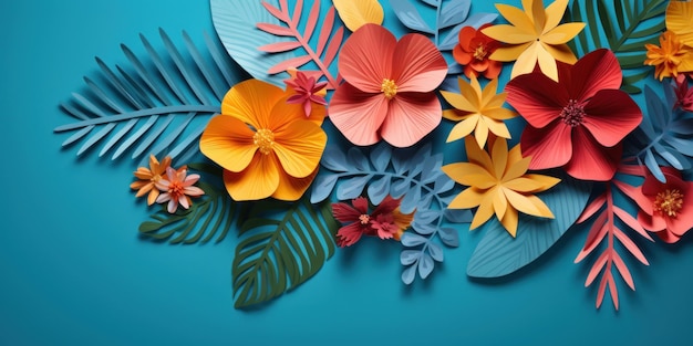 Colorful paper flowers and leaves flat lay artistry AI generative