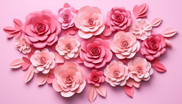 Colorful paper flowers with leaves on pink background Flat lay top view