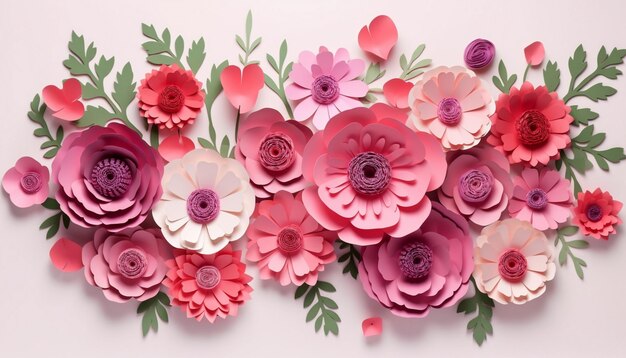 Colorful paper flowers with leaves on pink background Flat lay top view