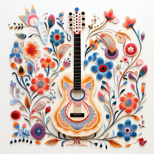 Colorful Paper Guitar With Intricate Patterns Folk Art Inspired