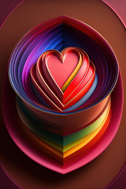 A colorful paper heart sits in a bowl on a brown background.