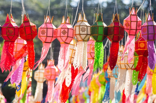 Colorful paper lanterns strung up outside.