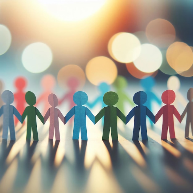 Фото Цветные бумажные люди рука об руку единство в разнообразии концепция боке фон