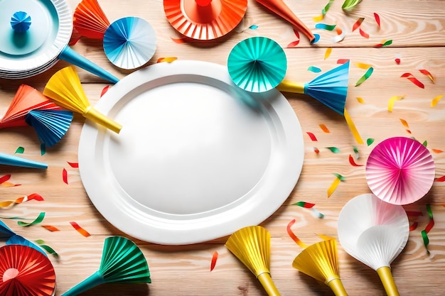 Photo colorful paper plates on a wooden table with colorful paper plates and colorful paper plates.