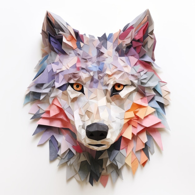 Colorful Paper Sculpture Of A Wolf Head On White Background