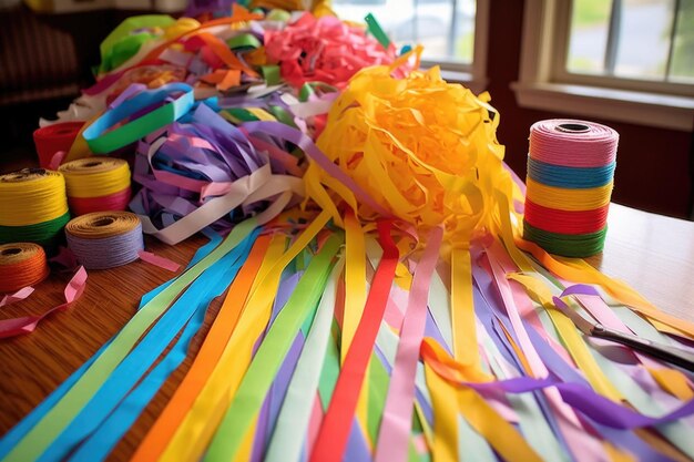 Colorful paper strips and glue on a table for pinata making created with generative ai