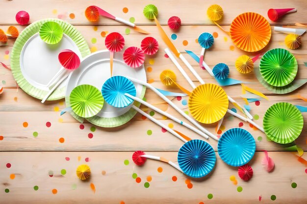 Colorful paper on a wooden table with colorful paper plates and a white plate with colorful beads.
