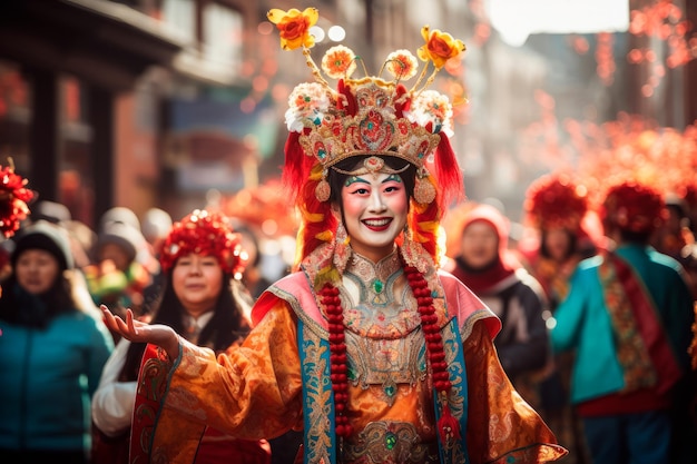 красочный парад с участием участников, одетых в традиционную китайскую одежду Генеративный искусственный интеллект