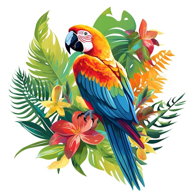 Colorful parrot on a background of tropical flowers.