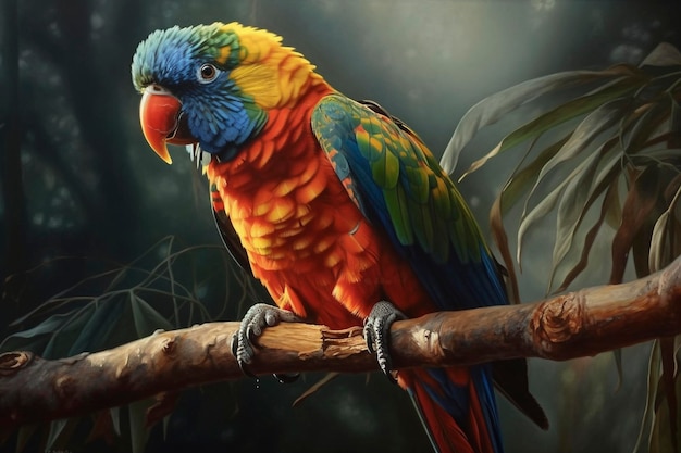 Colorful parrot on branch in tropical forest created with generative AI