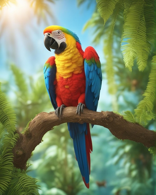 A colorful parrot on a branch with a clean blurred jungle background