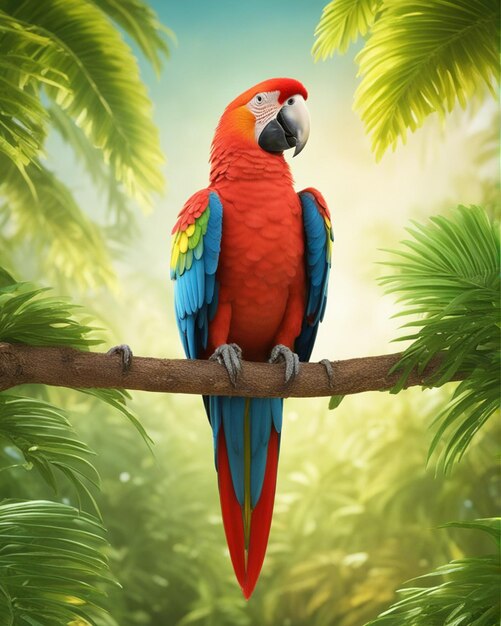 A colorful parrot on a branch with a clean blurred jungle background