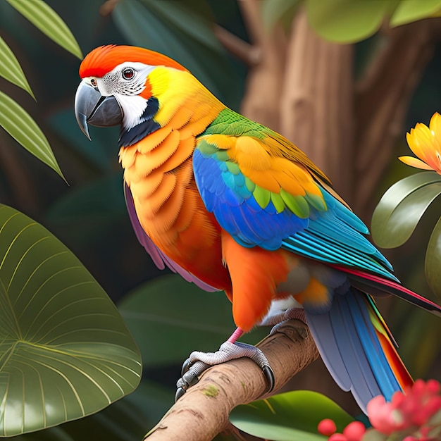 Colorful parrot in exotic jungle full of tropical leaves and large flowers