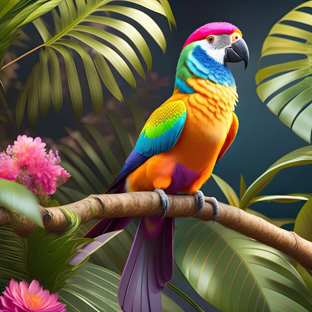 Colorful parrot in exotic jungle full of tropical leaves and large flowers