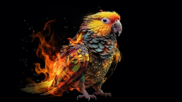 Colorful parrot on fire isolated on black backgroundgenerative ai