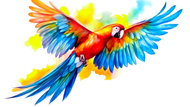 Colorful parrot flying in the air with its wings spread out and its eyes open
