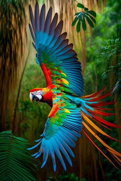 Красочный попугай летит по воздуху над пышным зеленым лесом, заполненным деревьями Генеративный ИИ