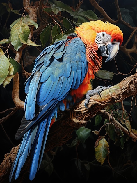 a colorful parrot is perched on a branch with leaves.