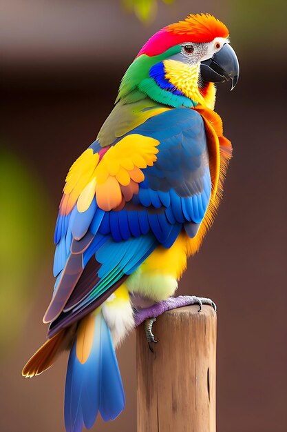 A colorful parrot is perched on a brown pole