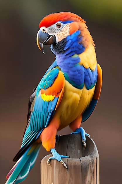 A colorful parrot is perched on a brown pole