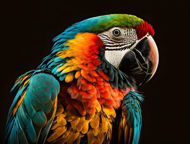 colorful parrot is shown with a black background colorful macaw close up