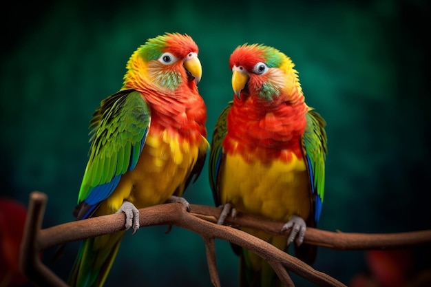 Photo a colorful parrot is sitting on a branch with the word love on it.