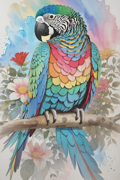 A colorful parrot is standing on a branch with flowers in the background