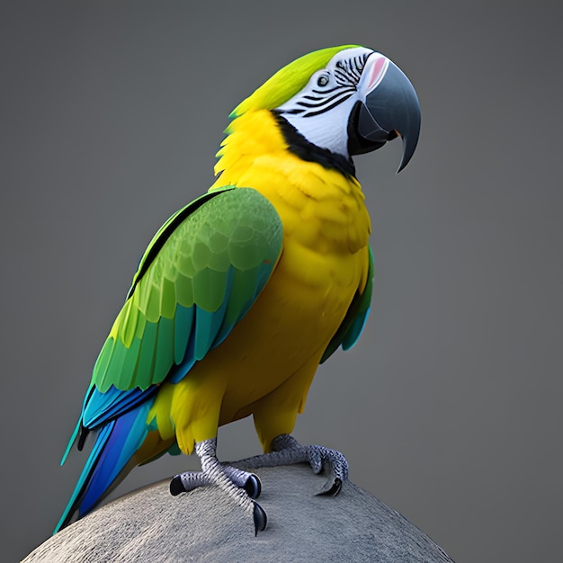 A colorful parrot is standing on a rock.