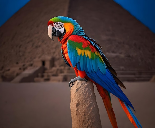 Photo a colorful parrot is standing on a stone pillar