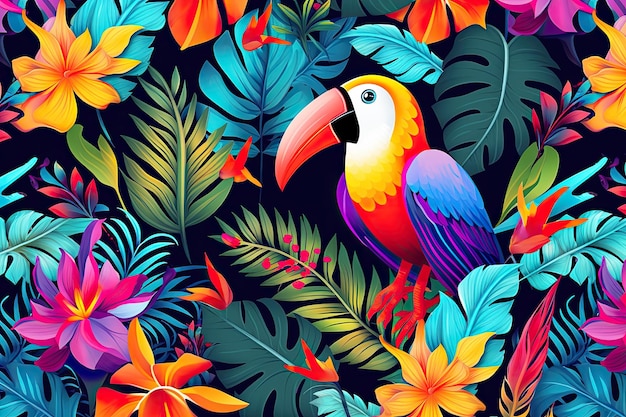 Красочный попугай в джунглях рая с тропическими цветами, созданными искусственным интеллектом