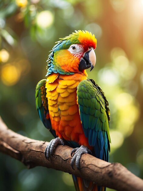 Photo colorful parrot perched on a branch in sunlight generative ai