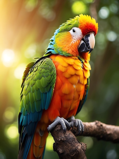 Photo colorful parrot perched on a branch in sunlight generative ai