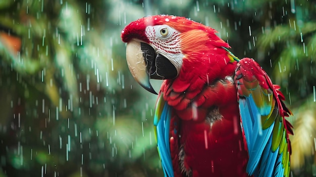 Красочный попугай, сидящий на ветке дерева в тропическом лесу