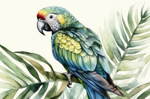 Красочный попугай сидит на ветке дерева Генеративный ИИ