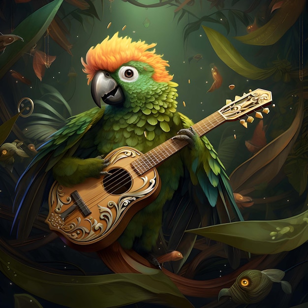 a colorful parrot playing a guitar in the jungle.