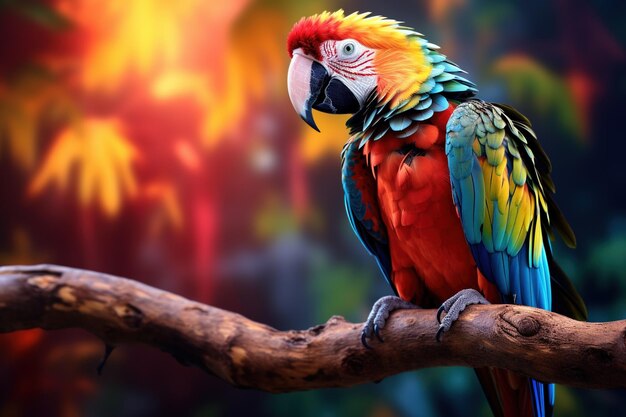 Colorful parrot posing on a tropical branch with vibrant feathers