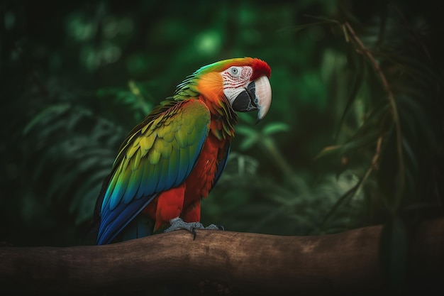 A colorful parrot sits on a branch in the jungle.