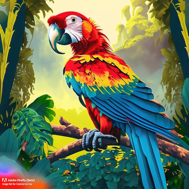 Photo a colorful parrot sits on a branch in a jungle.