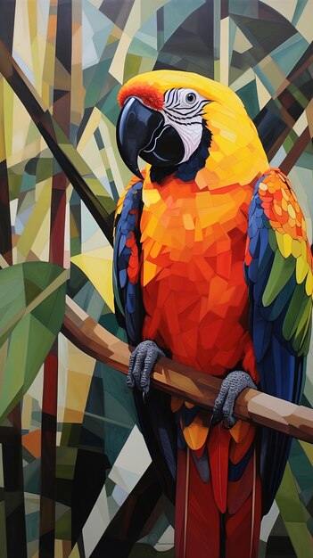 a colorful parrot sits on a branch with a colorful background.