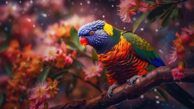 Красочный попугай сидит на ветке с цветами на заднем плане.