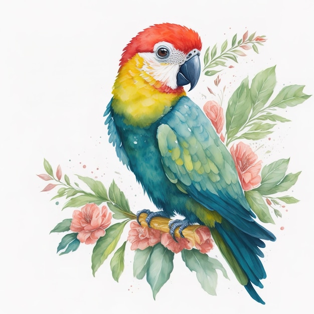 A colorful parrot sits on a branch with flowers and leaves.