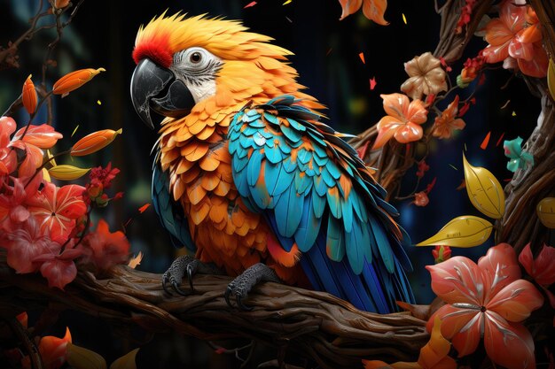 A colorful parrot sits on a branch with leaves and flowers in the background.