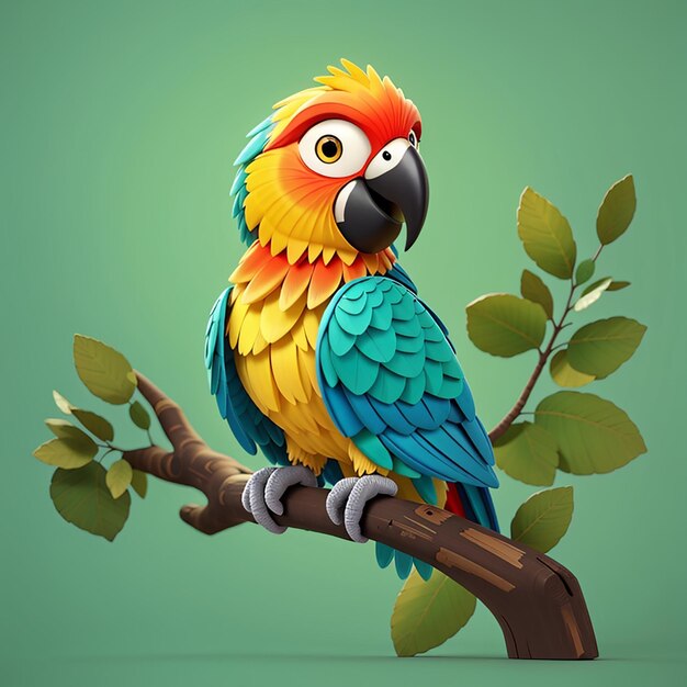 a colorful parrot sits on a branch with leaves