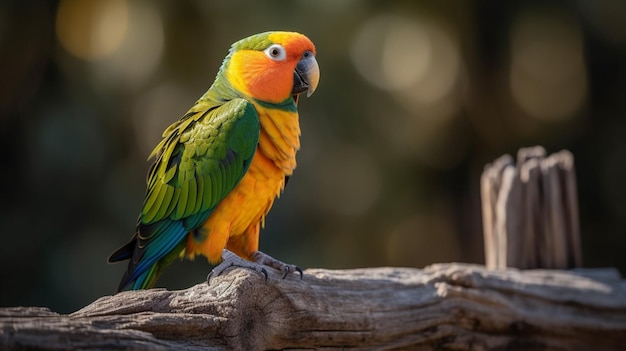 A colorful parrot sits on a branch.