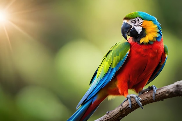 A colorful parrot sits on a branch