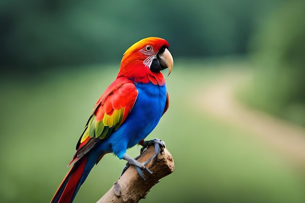 A colorful parrot sits on a branch.