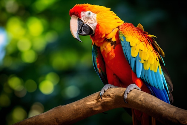 a colorful parrot sitting on a branch in a forest