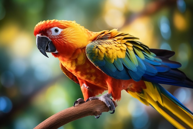 A colorful parrot sitting on the branch of a tropical tree