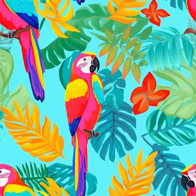 A colorful parrot and tropical leaves on a blue background.